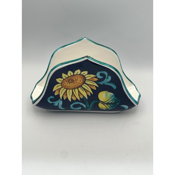 Italian Pottery Napkin Holder Sunflower Lemon Blue Ceramic Hand Painted 6.5" - Picture 3 of 8